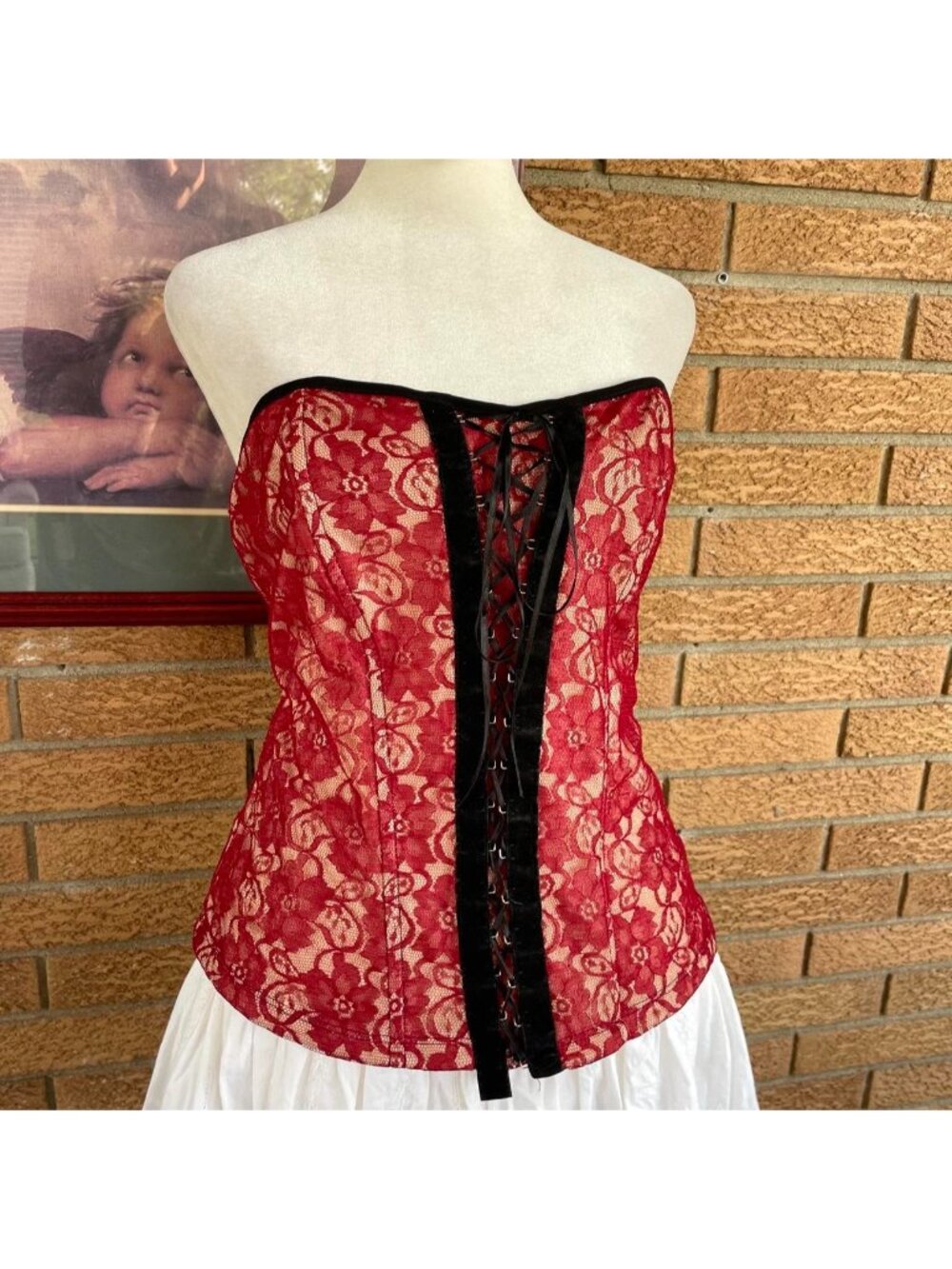 Deadstock Rave red lace up corset top with black velvet trim